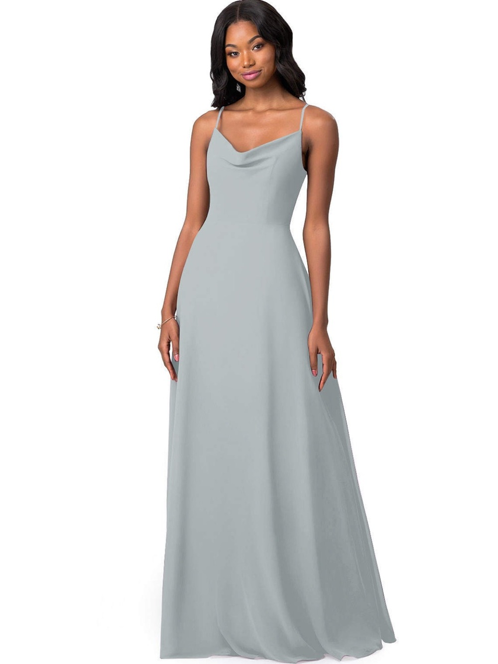 Azazie Light Gray Cowl Neck Spaghetti Strap Maxi Dress
